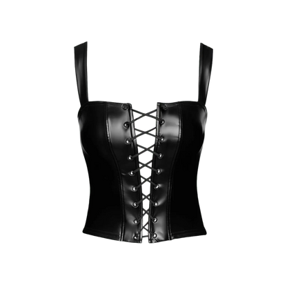 Top corset Vixen F365 en vinyle noir brillant avec laçage avant – Noir Handmade