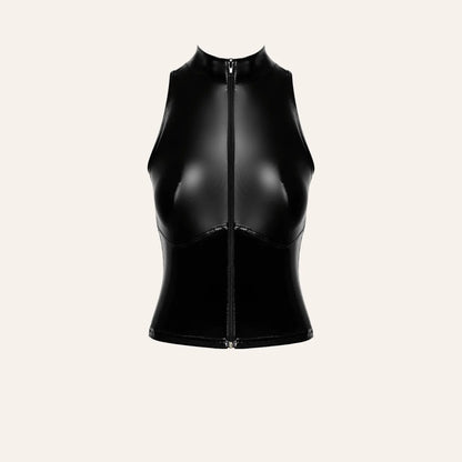 Vue avant du top zippé Glam F324 en vinyle et wetlook, disponible chez Oh My God'Z. Design moderne et sensuel pour une lingerie de luxe.