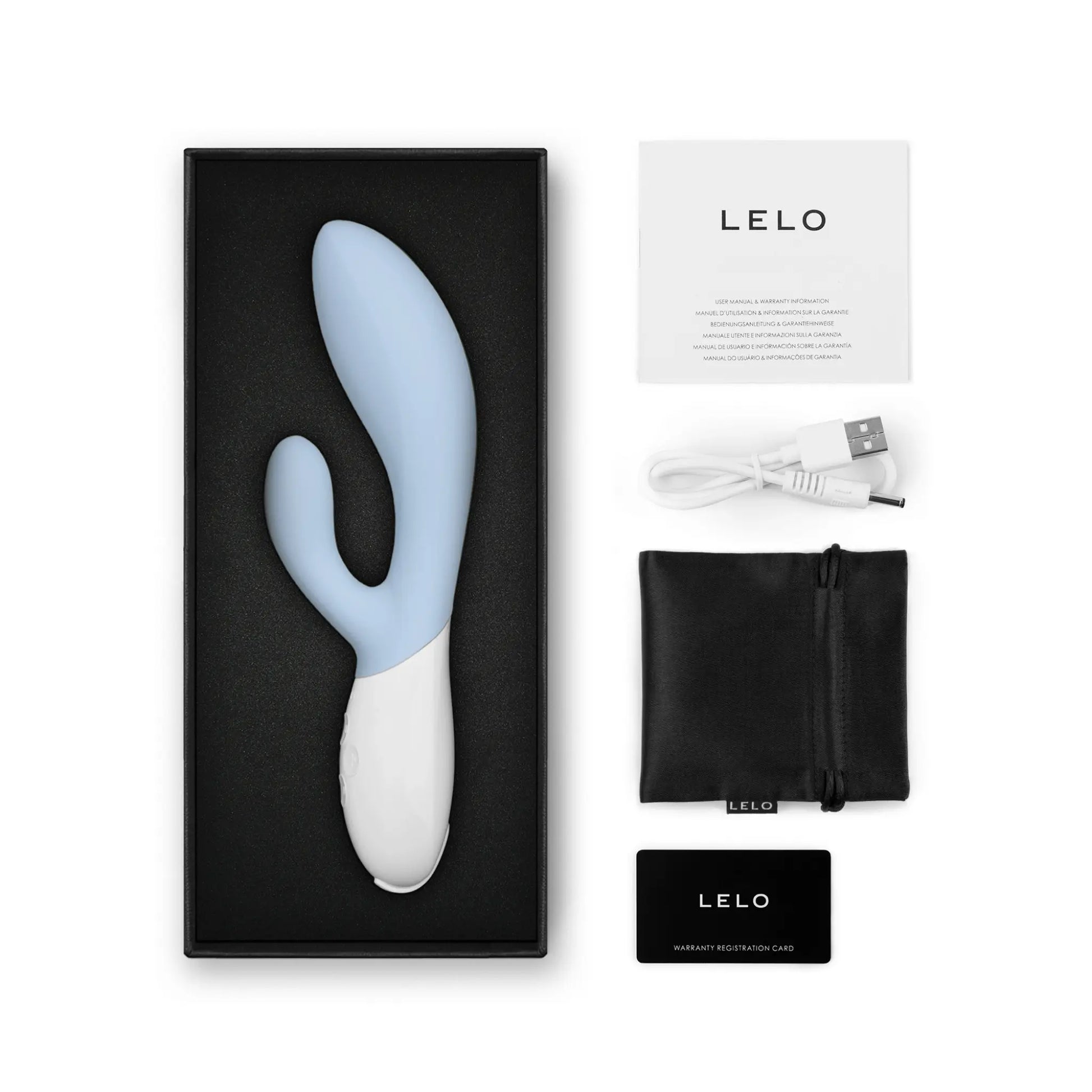 Coffret sextoy Rabbit Ina 3 de LELO bleu ciel avec garantie et accessoires, achetez sur Oh My God'Z.