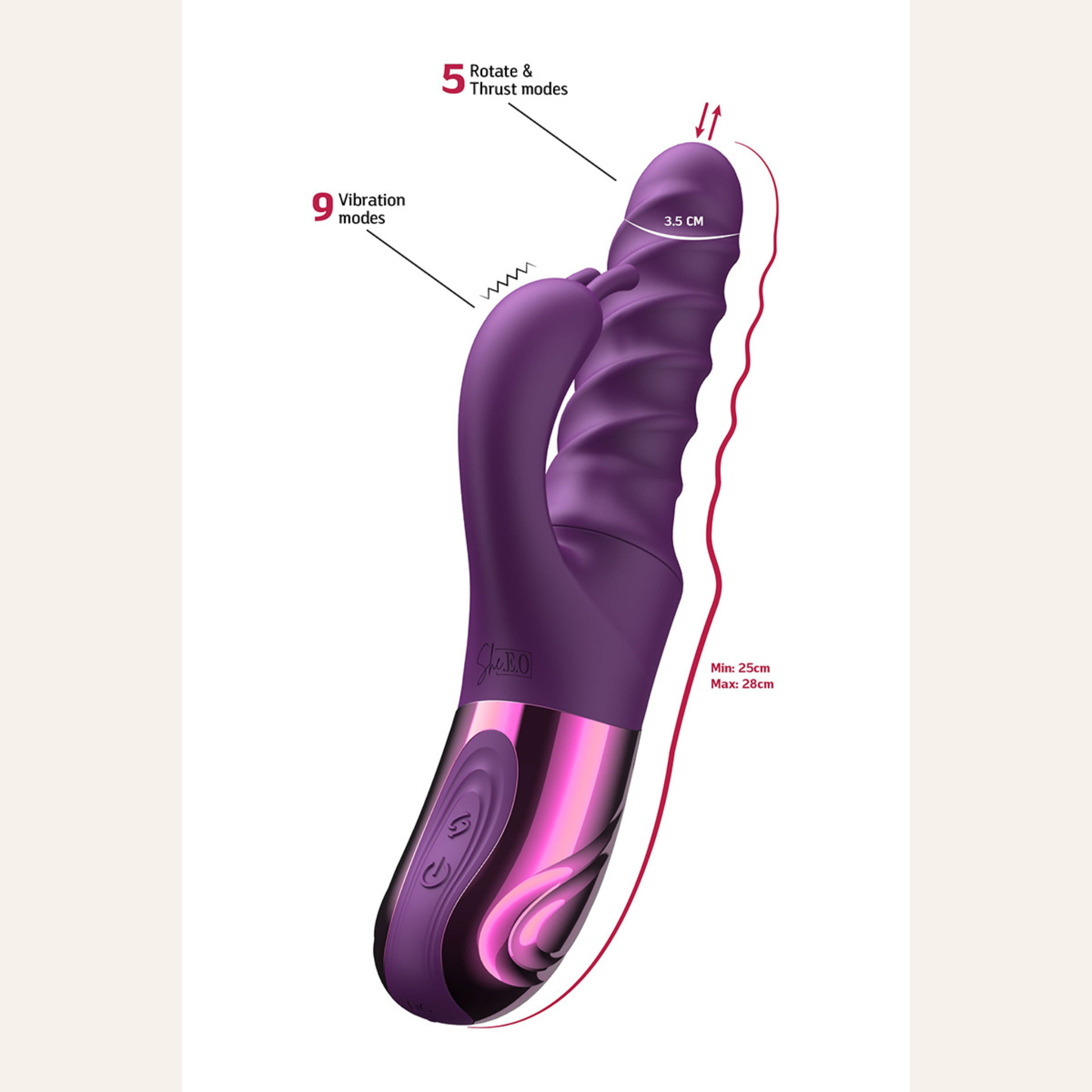 Détails modes et dimensions du Vibro Swirl Rabbit Thrusting Vibrator She.E.O – Oh My God’Z