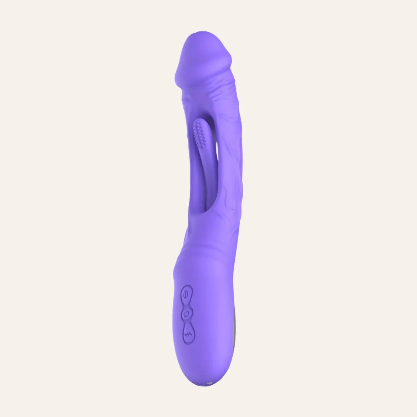 Vibromasseur violet Flax de Good Vibes Only en position verticale, avec boutons de contrôle intuitifs. Disponible chez Oh My God'Z, ce sextoy haut de gamme allie esthétique moderne et stimulation intense du point G et du clitoris, pour une exploration intime complète.