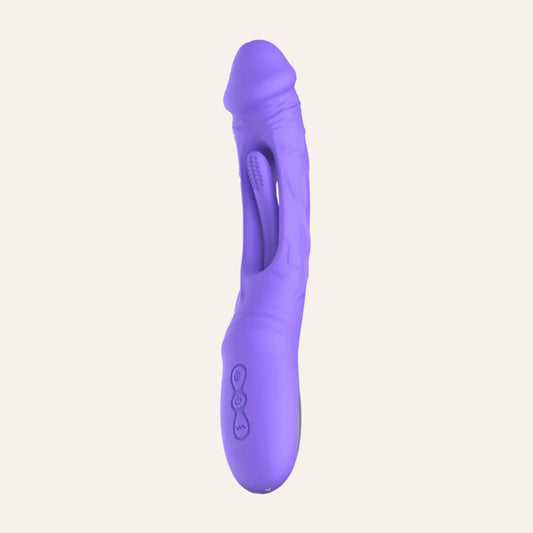 Vibromasseur violet Flax de Good Vibes Only en position verticale, avec boutons de contrôle intuitifs. Disponible chez Oh My God'Z, ce sextoy haut de gamme allie esthétique moderne et stimulation intense du point G et du clitoris, pour une exploration intime complète.