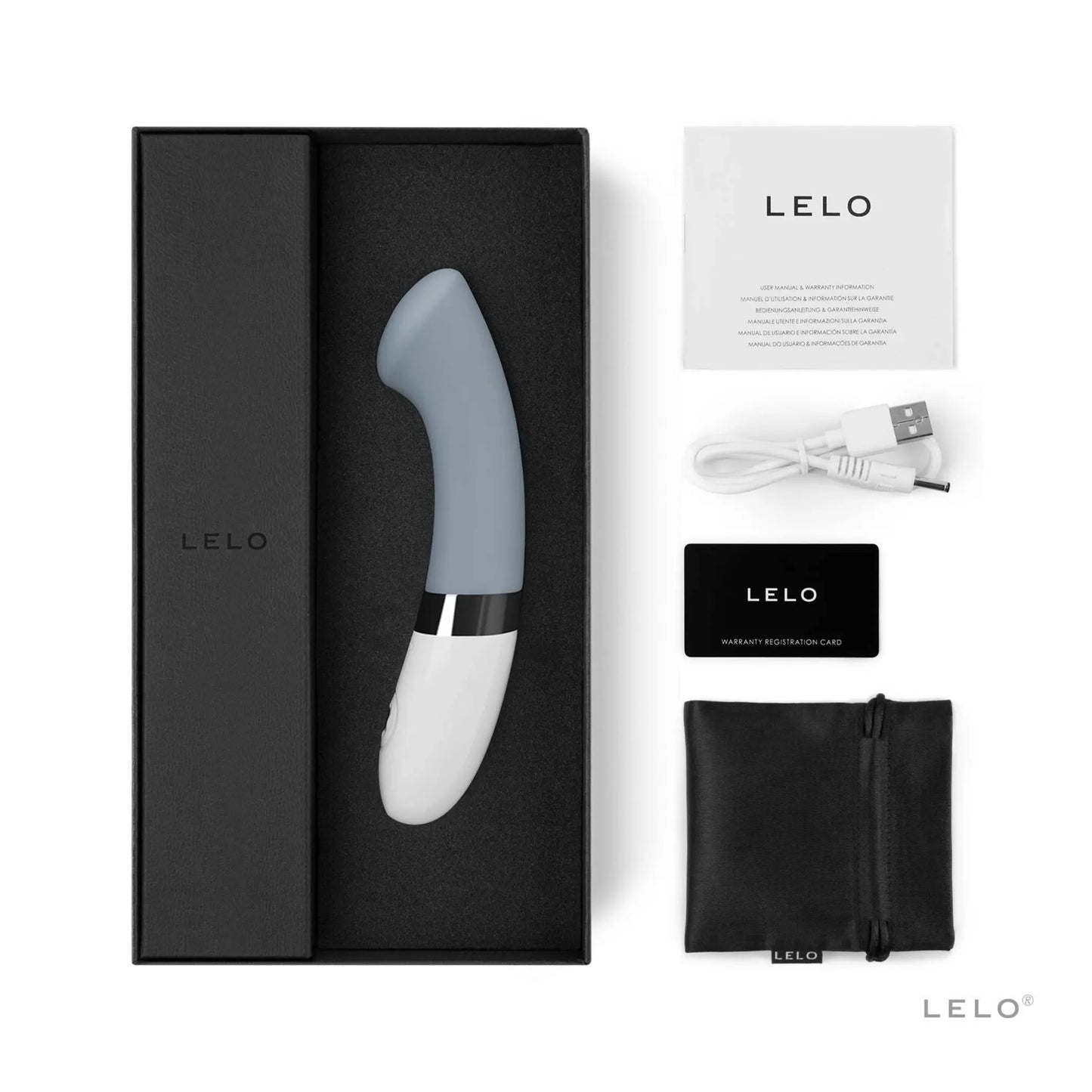 Coffret élégant du vibromasseur Gigi 2 de LELO en gris avec chargeur et garantie, disponible sur Oh My God'Z pour plaisir précis.
