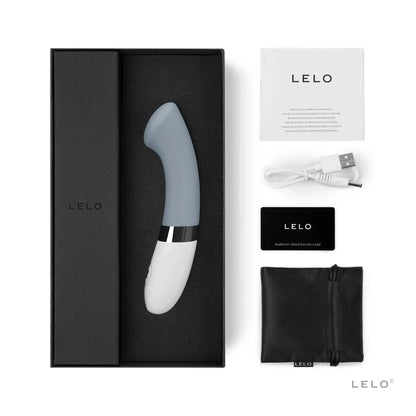 Coffret élégant du vibromasseur Gigi 2 de LELO en gris avec chargeur et garantie, disponible sur Oh My God'Z pour plaisir précis.