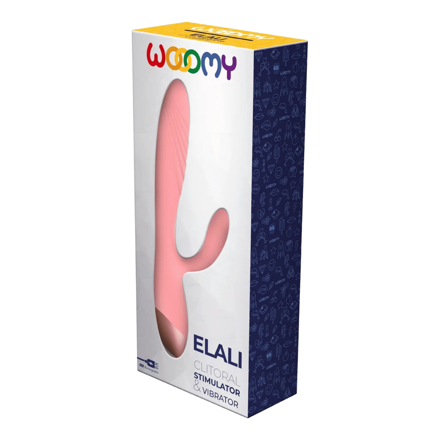 Emballage du Vibromasseur Rabbit Elali de Wooomy, sextoy élégant avec stimulation du point G et clitoridienne. Produit de luxe proposé par Oh My God'Z.