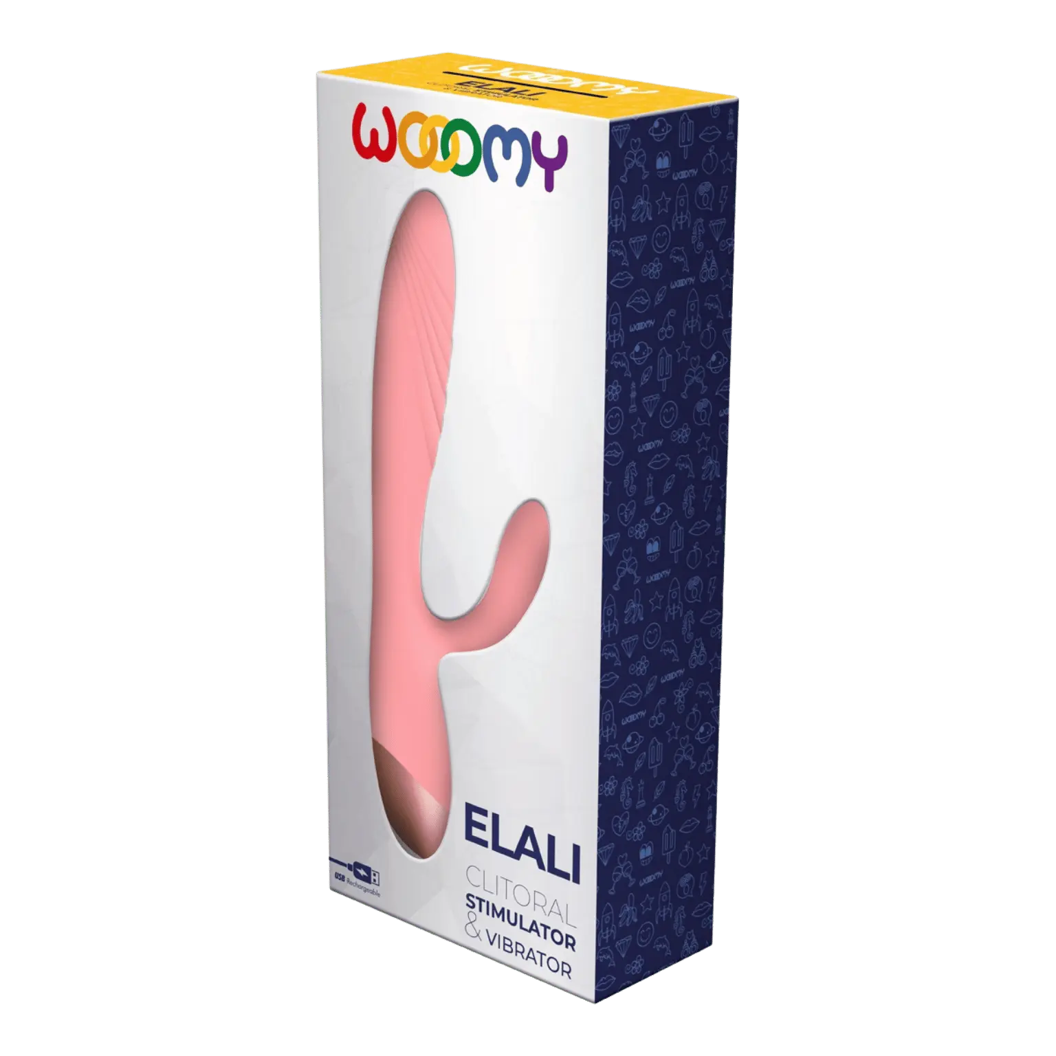 Emballage du Vibromasseur Rabbit Elali de Wooomy, sextoy élégant avec stimulation du point G et clitoridienne. Produit de luxe proposé par Oh My God'Z.
