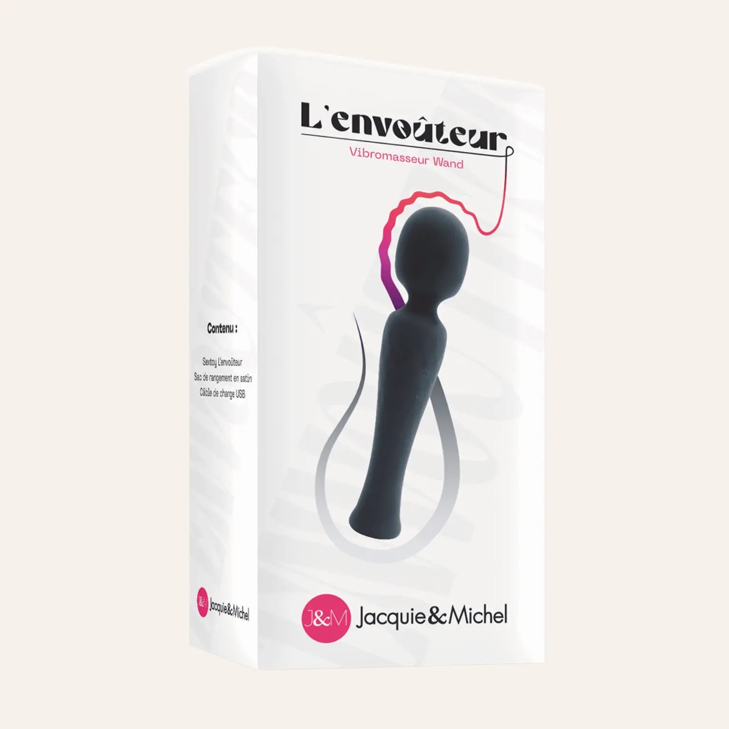 Packaging du vibromasseur Wand L'envoûteur de la marque Jacquie et Michel, vendu sur la boutique Oh My God'Z, un sextoy premium pensé pour une stimulation externe intense et raffinée.
