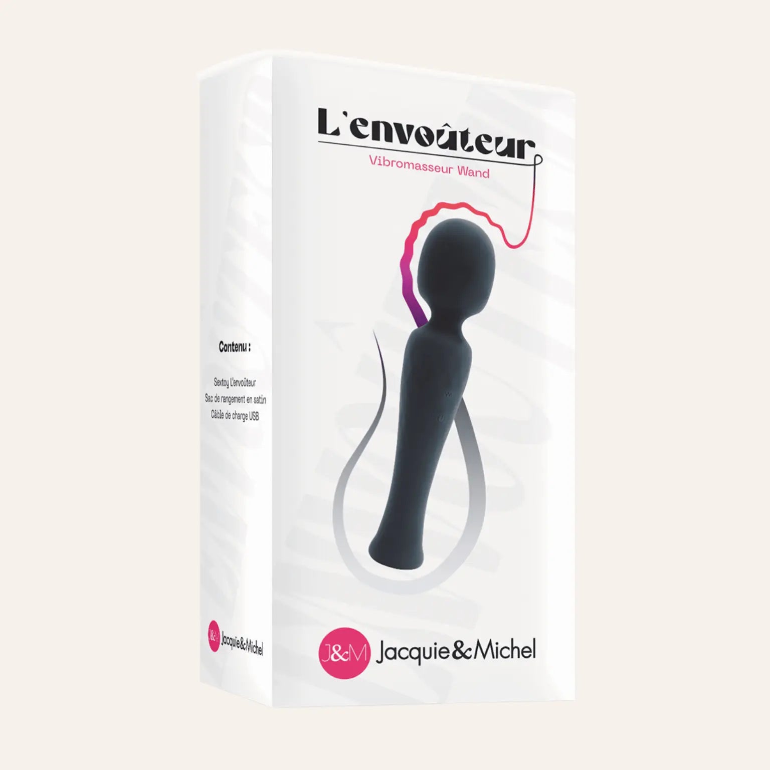 Packaging du vibromasseur Wand L'envoûteur de la marque Jacquie et Michel, vendu sur la boutique Oh My God'Z, un sextoy premium pensé pour une stimulation externe intense et raffinée.