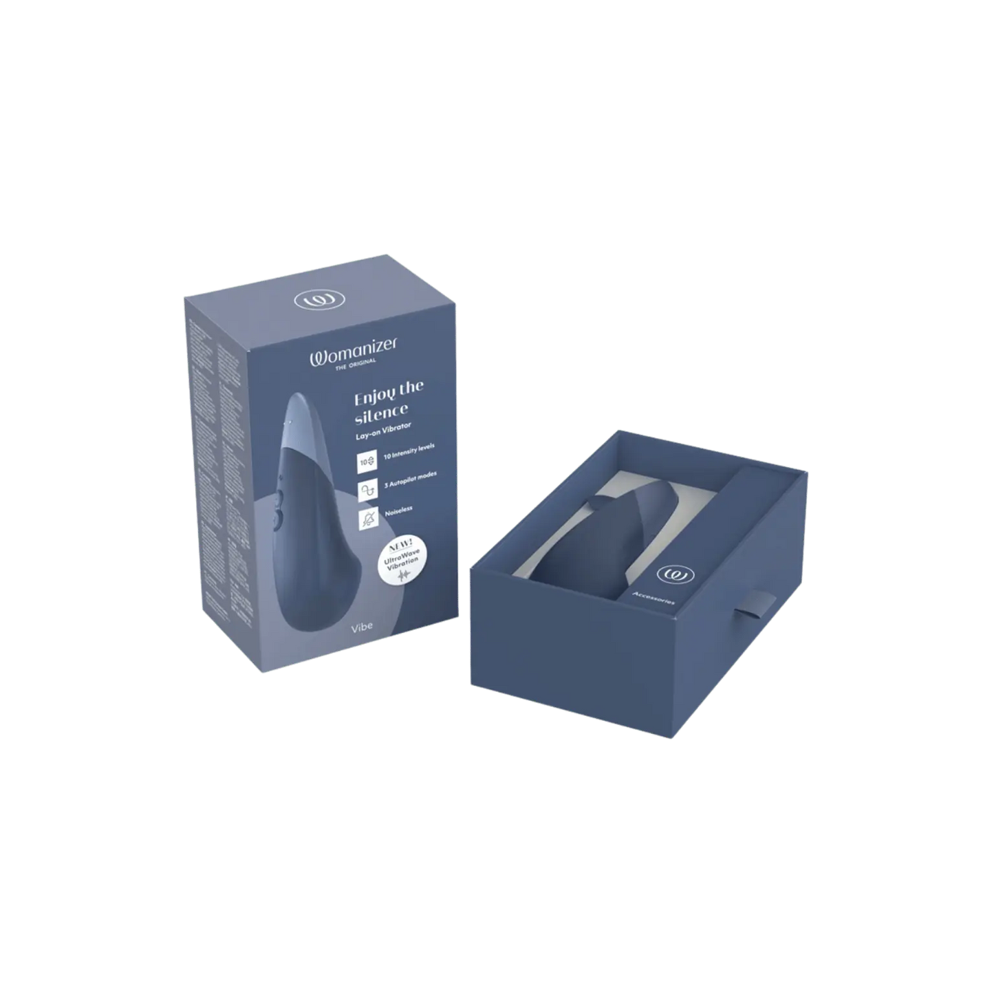 Packaging du Womanizer Vibe bleu, haut de gamme chez Oh My God'Z