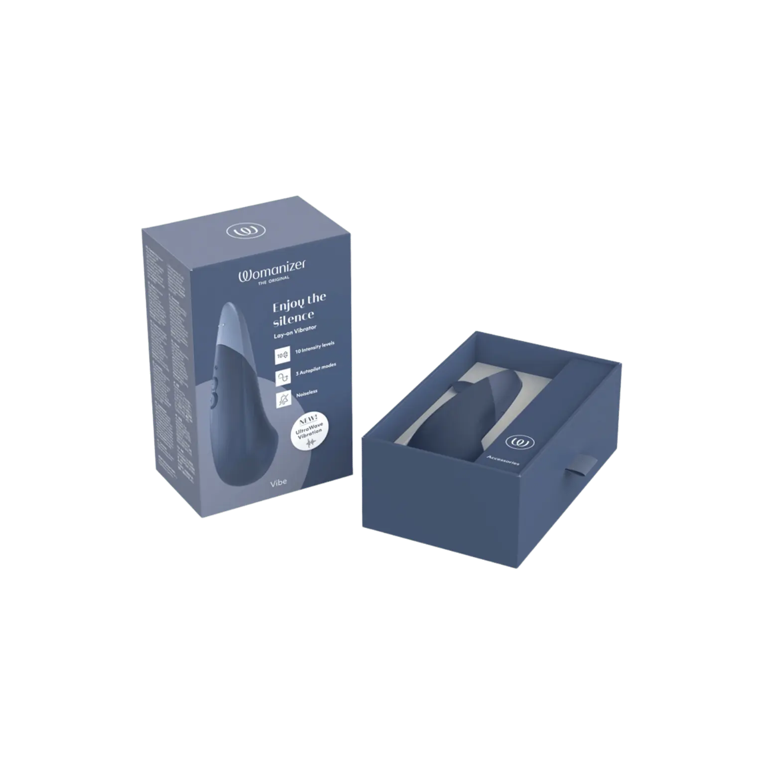 Packaging du Womanizer Vibe bleu, haut de gamme chez Oh My God'Z