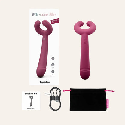 Contenu de la boîte du vibromasseur multifonction Please Me de Love to Love. Ce produit, vendu par Oh My God'Z, inclut un chargeur USB et une pochette de rangement pour une expérience pratique et sophistiquée.