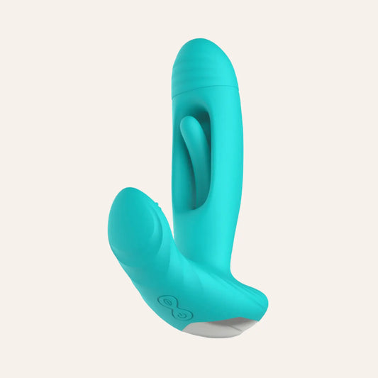 Vibromasseur à battement Gina Good Vibes Only en turquoise, avec un design ergonomique et une technologie innovante pour des sensations intenses. Disponible exclusivement dans la boutique Oh My God'Z, spécialisée dans les sextoys de luxe.