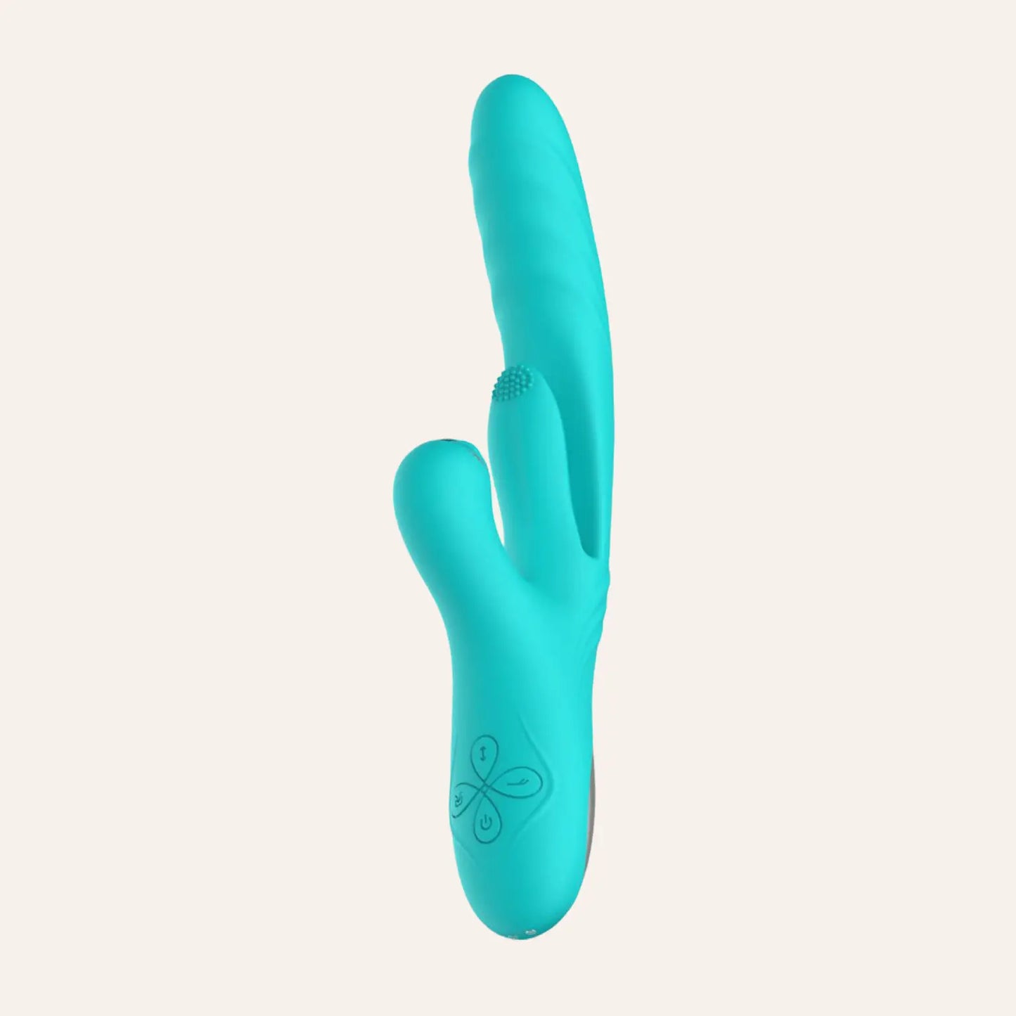 Vue latérale du vibro Lisa de Good Vibes Only en silicone turquoise, offrant des mouvements de va-et-vient et une stimulation précise du Point G. Disponible chez Oh My God'Z, le choix parfait pour un sextoy haut de gamme.
