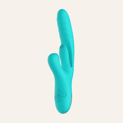 Vue latérale du vibro Lisa de Good Vibes Only en silicone turquoise, offrant des mouvements de va-et-vient et une stimulation précise du Point G. Disponible chez Oh My God'Z, le choix parfait pour un sextoy haut de gamme.