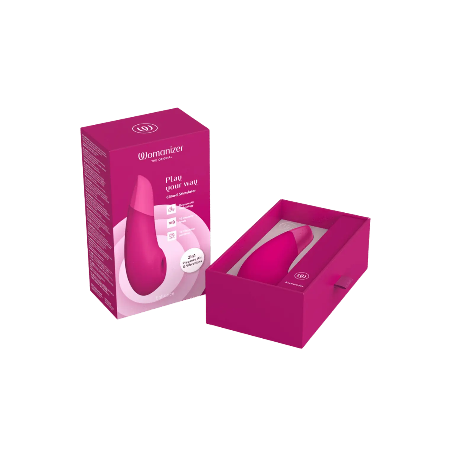 Coffret rose du Womanizer Enhance, simulateur clitoridien haut de gamme en édition colorée, disponible sur la boutique Oh My God'Z pour un plaisir sur mesure.