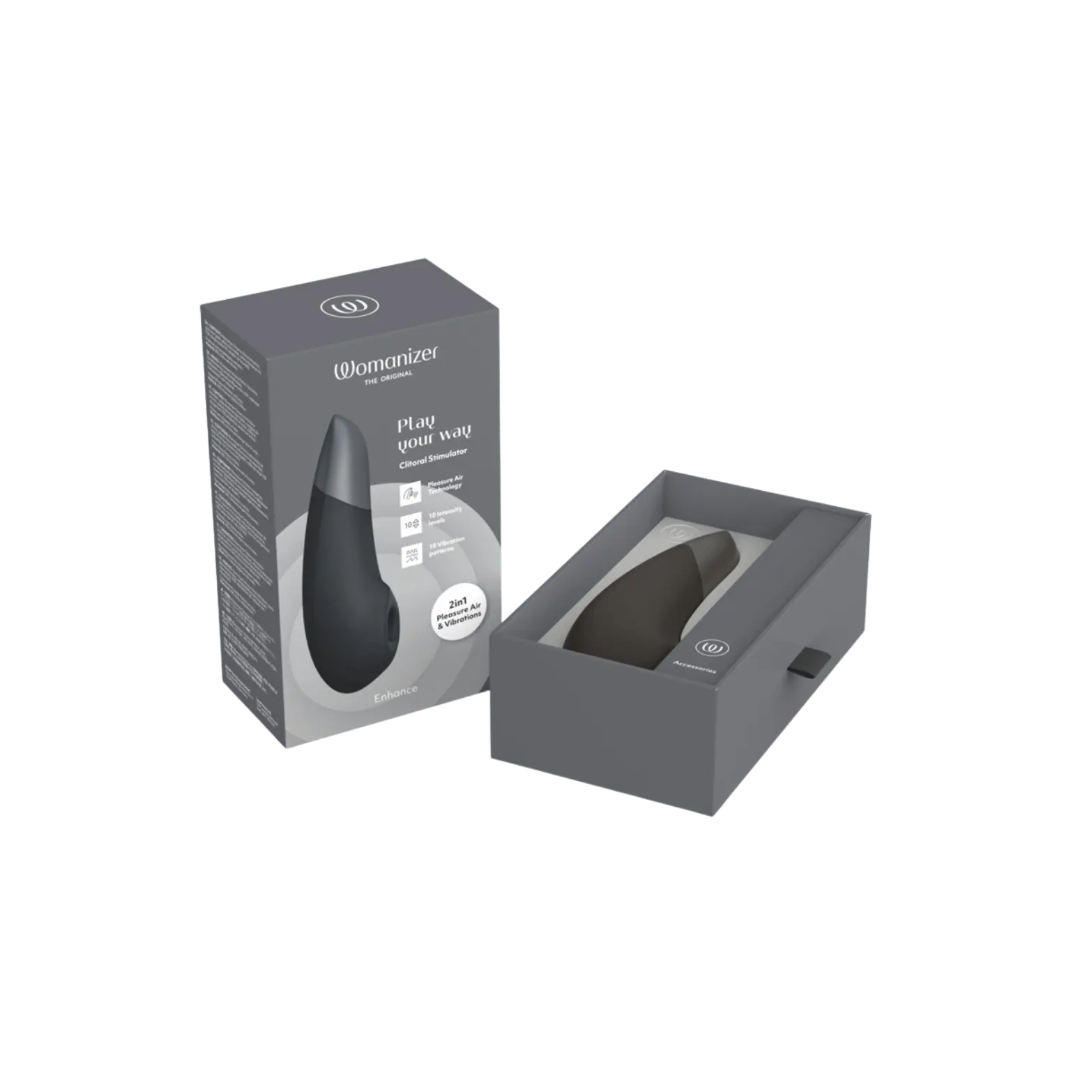Stimulateur clitoridien Womanizer Enhance en noir et gris avec sa boîte élégante, un must-have dans l’univers des sextoys premium chez Oh My God'Z.