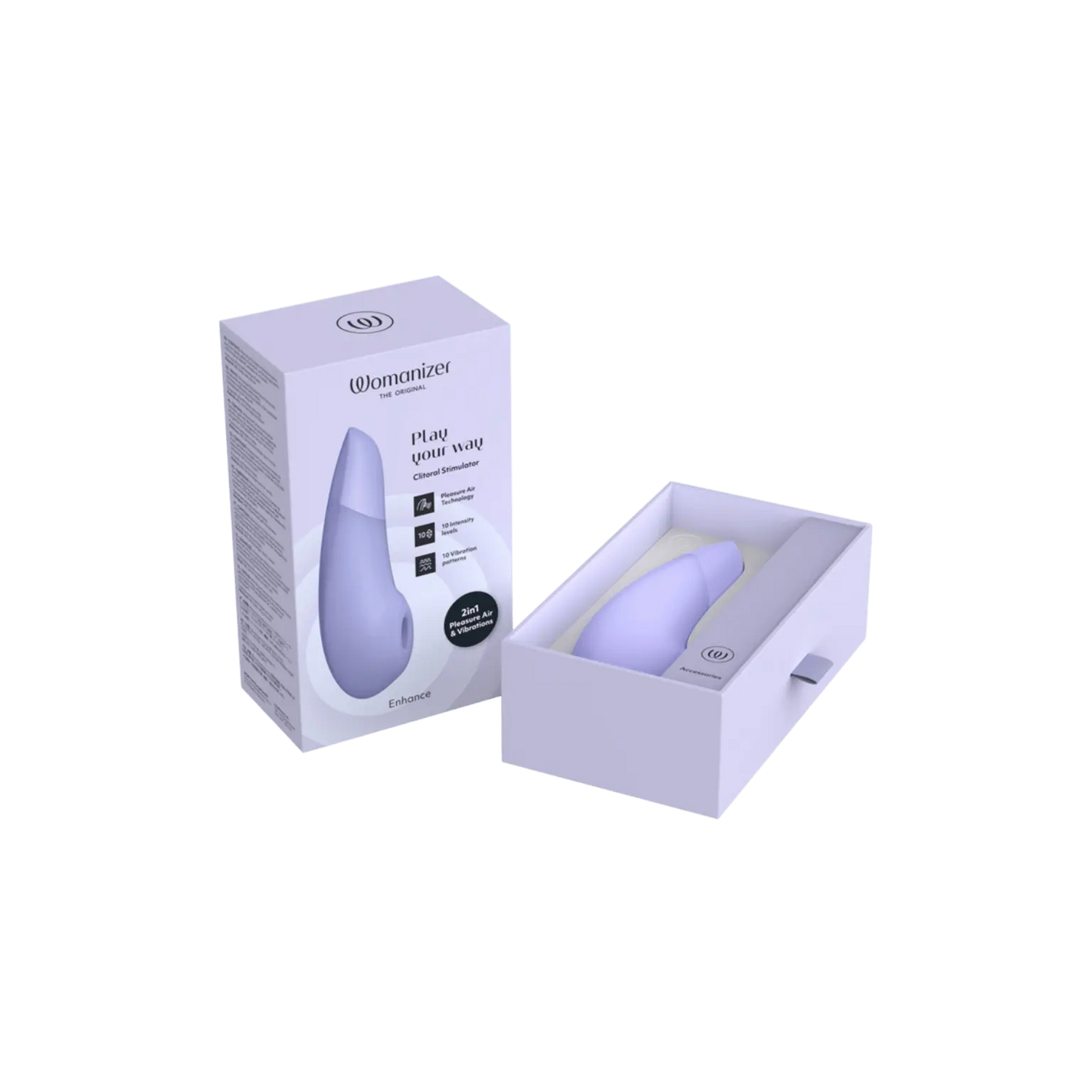 Le Womanizer Enhance en version lavande dans son coffret de luxe, stimulateur clitoridien premium 2-en-1 par pulsation et vibration, vendu par la boutique Oh My God'Z.