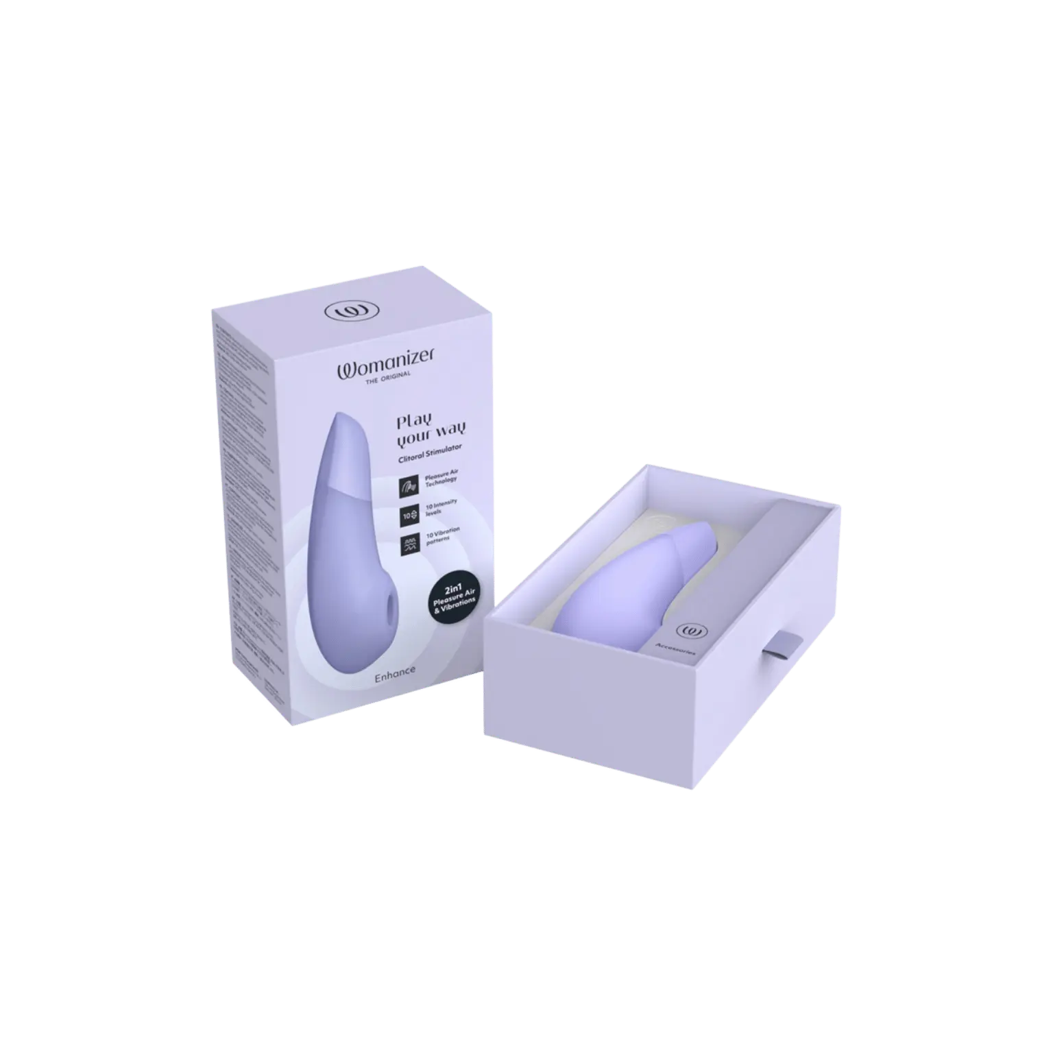 Le Womanizer Enhance en version lavande dans son coffret de luxe, stimulateur clitoridien premium 2-en-1 par pulsation et vibration, vendu par la boutique Oh My God'Z.