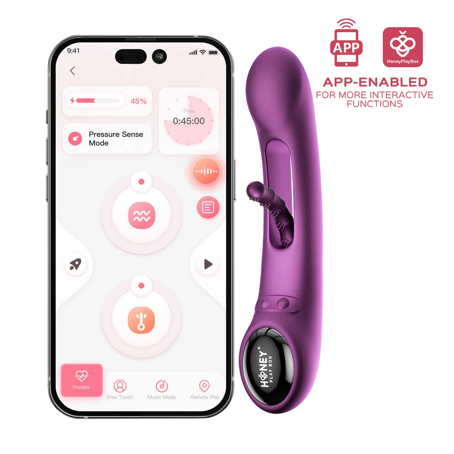 Interface application mobile HoneyPlayBox avec vibromasseur Tempo violet et modes de contrôle interactifs - Oh My God'Z