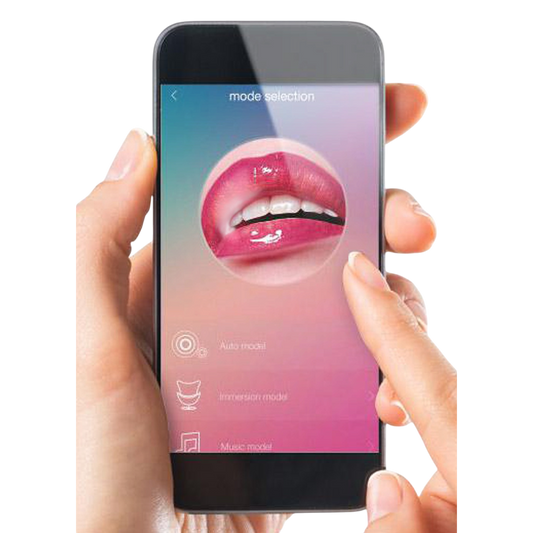 Main tenant un smartphone affichant l'application Pretty Love avec selection des modes de vibration - Oh My God'Z