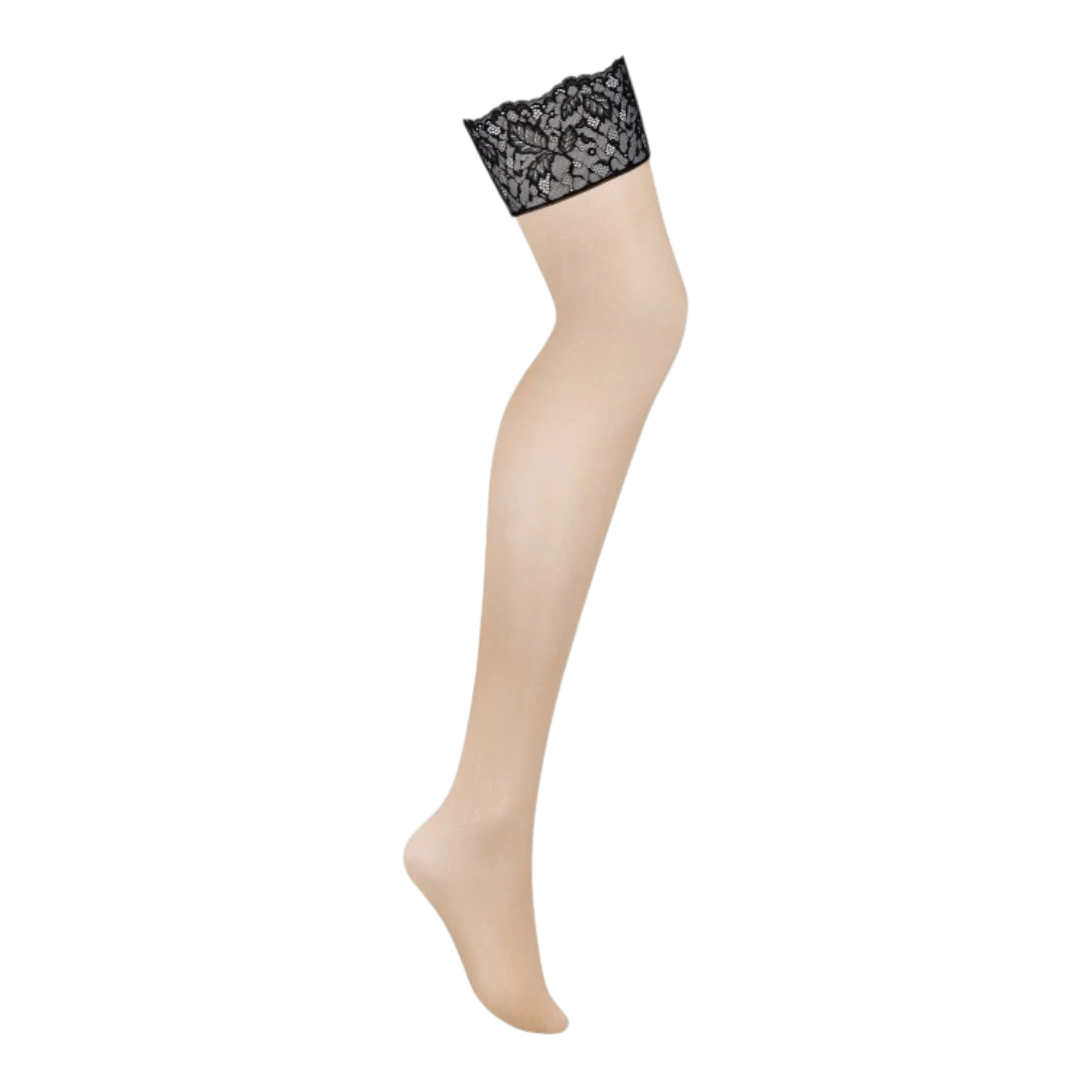 Bas autofixant beige avec large bande de dentelle noire florale en haut de cuisse - Oh My God'Z