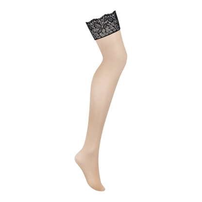 Bas autofixant beige avec large bande de dentelle noire florale en haut de cuisse - Oh My God'Z