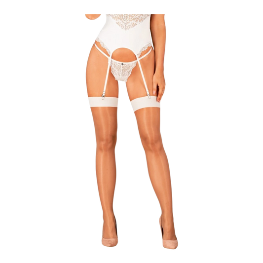 Bas blanc et beige en résille avec bande lisse blanche en haut des cuisses, vue de face - Oh My God'Z