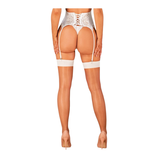 Bas blanc et beige en résille avec bande lisse blanche, vue de dos avec porte-jarretelles - Oh My God'Z