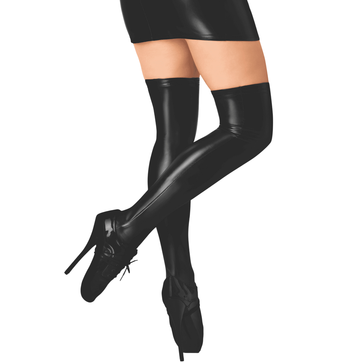 Bas cuissardes noirs en Powerwetlook brillant portes avec jupe et escarpins a talons hauts - Oh My God'Z