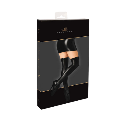 Boite noire et doree Noir Handmade presentant les bas cuissardes noirs en Powerwetlook brillant - Oh My God'Z