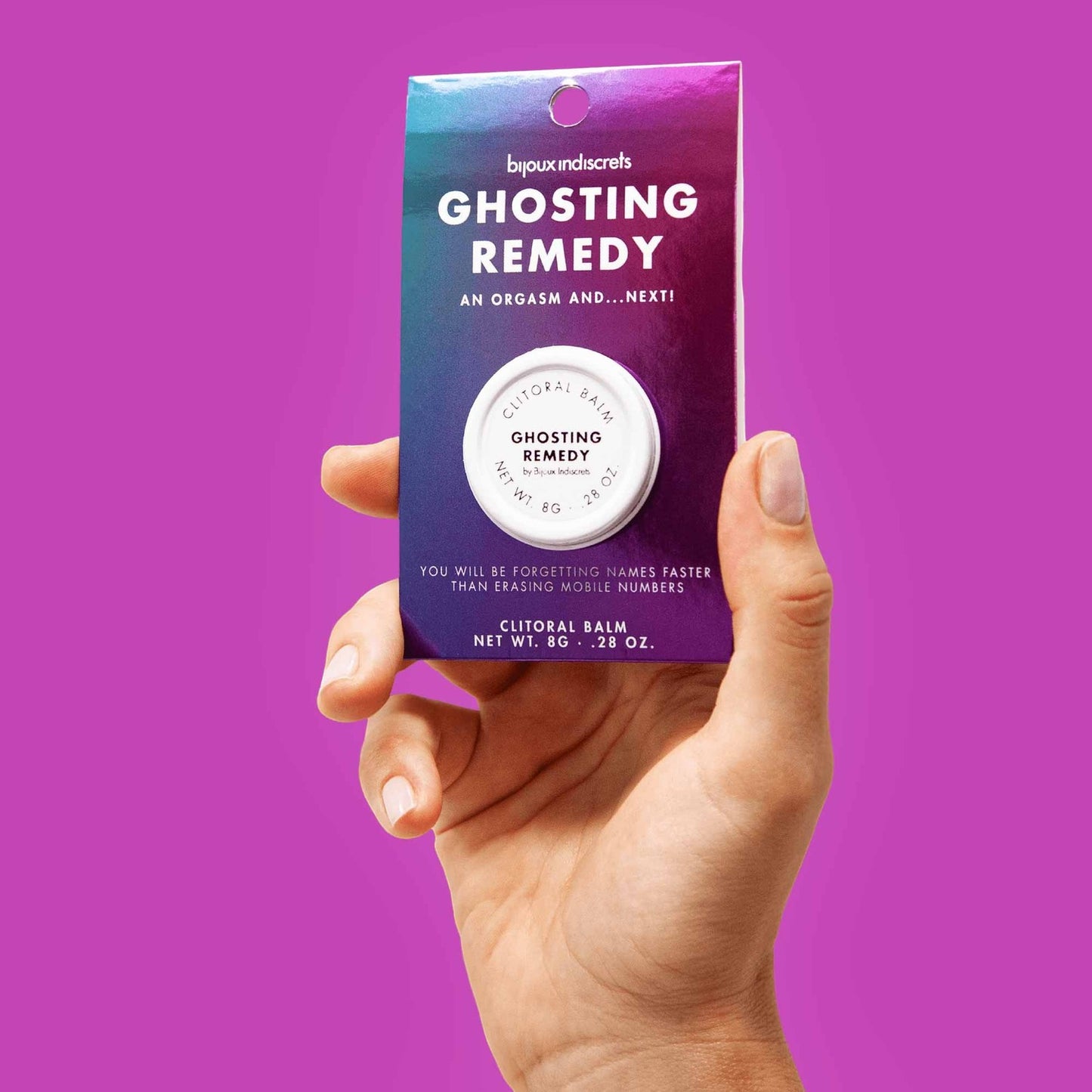 Packaging Ghosting Remedy Bijoux Indiscrets fond degrade violet rose avec pot de baume clitoridien 8g - Oh My God'Z