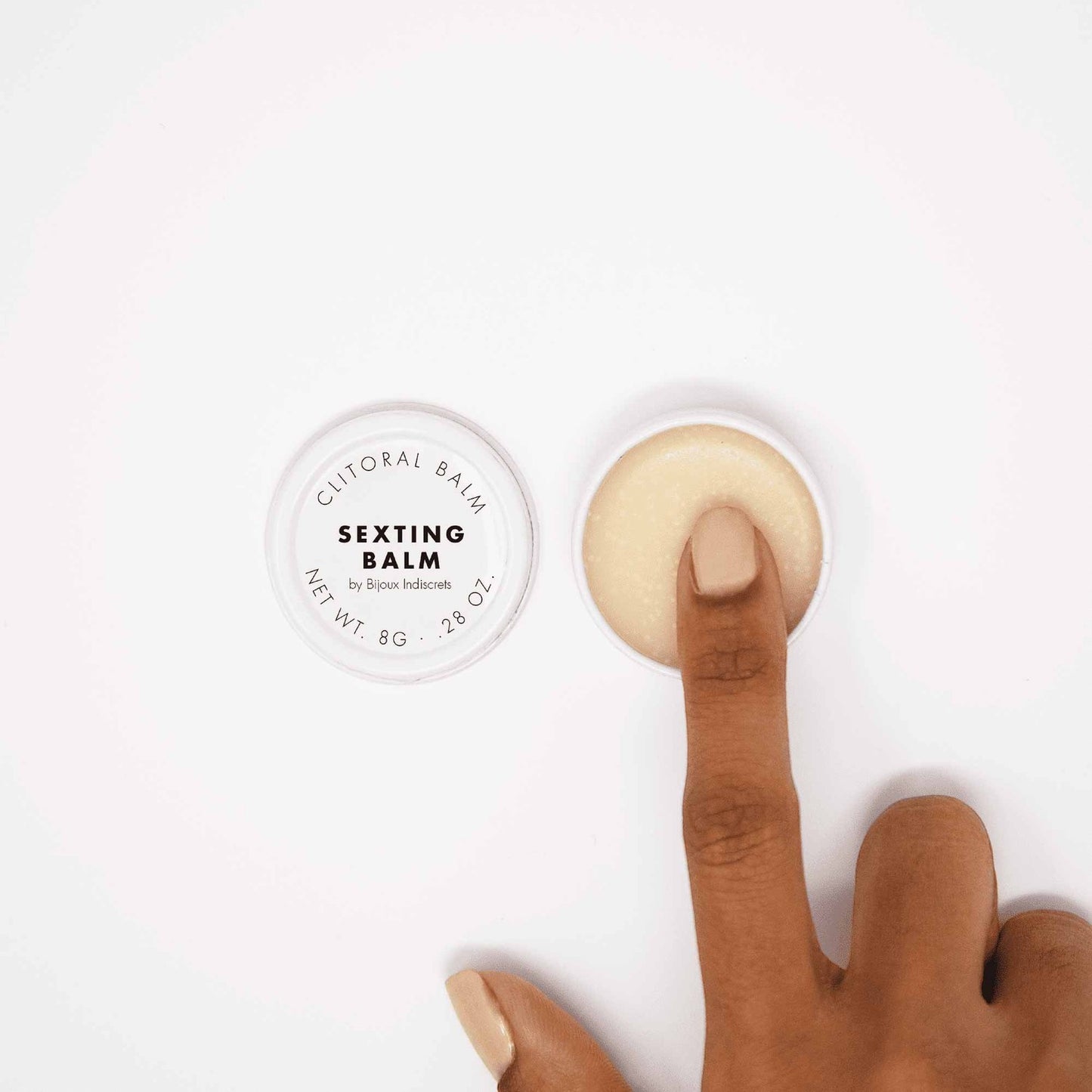 Baume clitoridien Sexting Balm ouvert, texture dorée crémeuse, application au doigt - Oh My God'Z