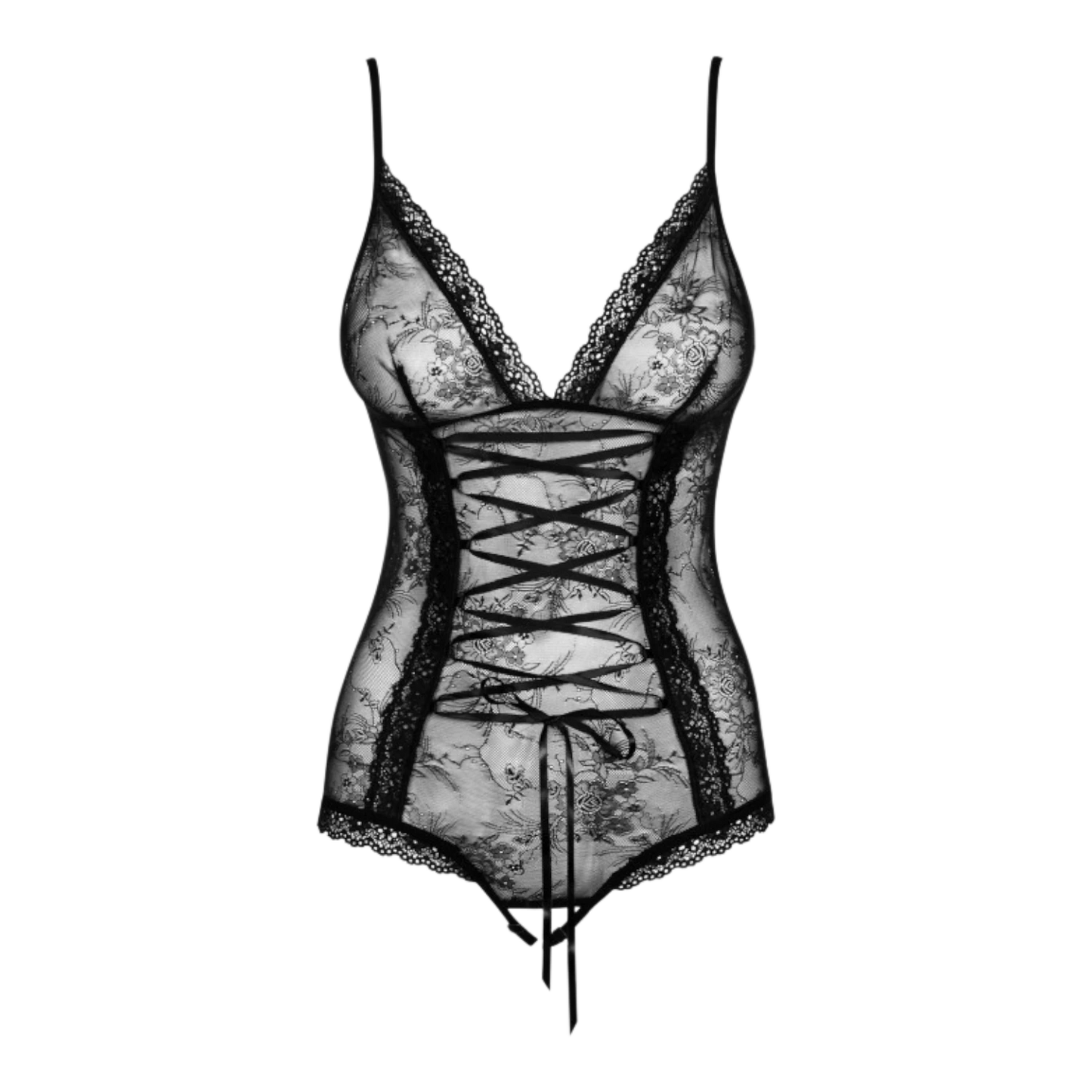Vue détaillée du body noir en dentelle florale avec laçage frontal et bretelles fines ajustables - Oh My God'Z