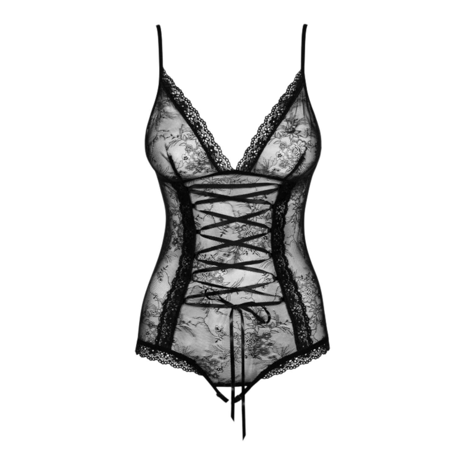 Vue détaillée du body noir en dentelle florale avec laçage frontal et bretelles fines ajustables - Oh My God'Z