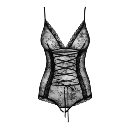 Vue détaillée du body noir en dentelle florale avec laçage frontal et bretelles fines ajustables - Oh My God'Z