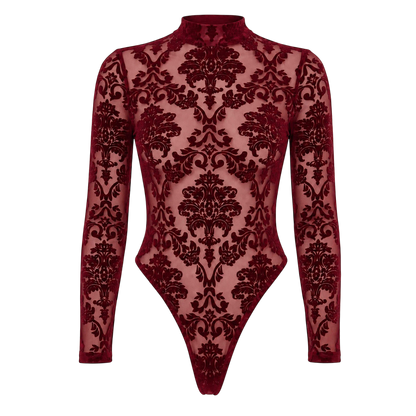 Body bordeaux en tulle floque motifs baroques presente a plat, face avant col montant manches longues - Oh My God'Z