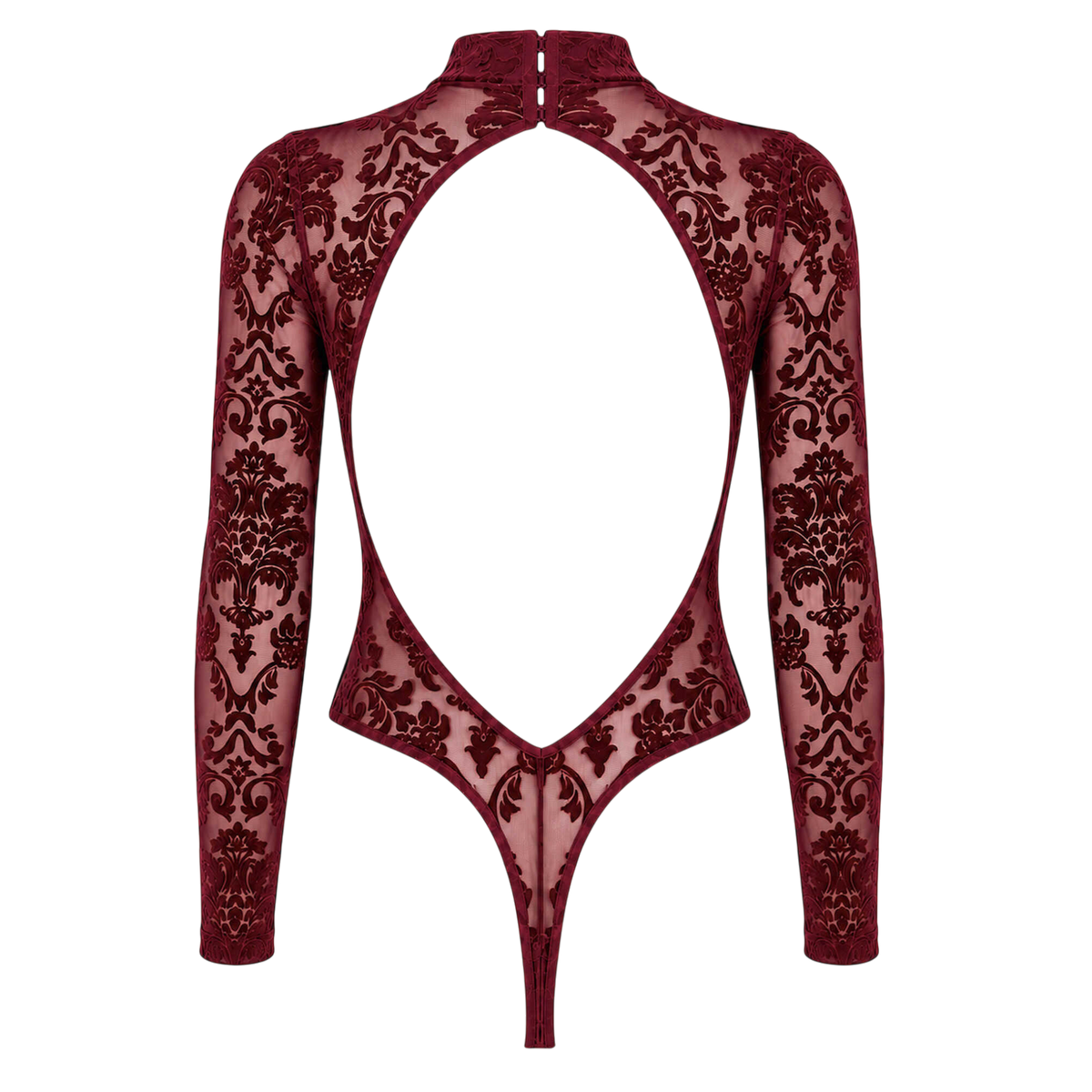 Dos du body bordeaux en tulle floque a plat, large decoupe dos nu, crochets au col et string - Oh My God'Z