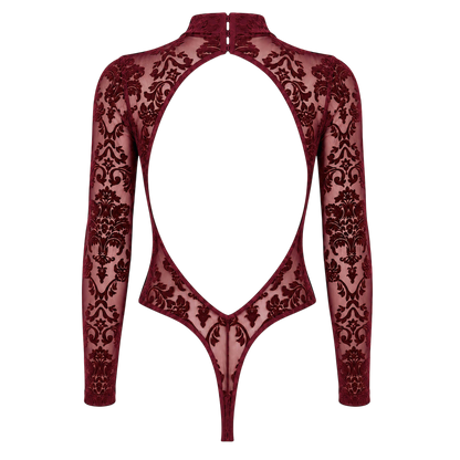 Dos du body bordeaux en tulle floque a plat, large decoupe dos nu, crochets au col et string - Oh My God'Z