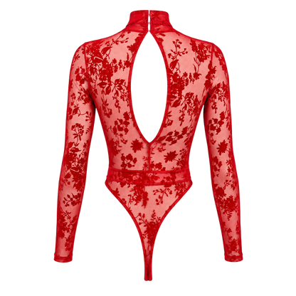 Dos du body rouge a plat : tulle floque floral, grande ouverture dorsale et fermeture crochet - Oh My God'Z