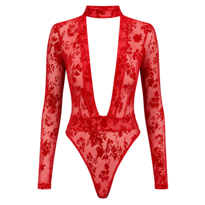 Body rouge seul a plat, tulle floque motifs floraux, col montant et decollete V plongeant - Oh My God'Z