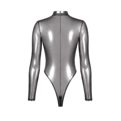 Dos du body Moondust argente effet latex a plat, coupe string echancree et manches longues ajustees - Oh My God'Z