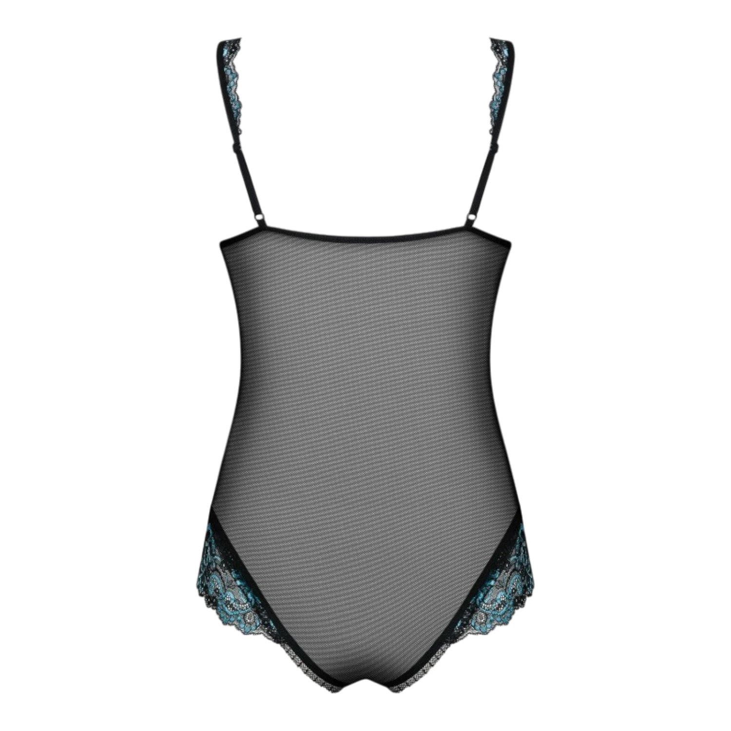Body ouvert noir et turquoise, vue a plat arriere, maille transparente et empiecements dentelle - Oh My God'Z