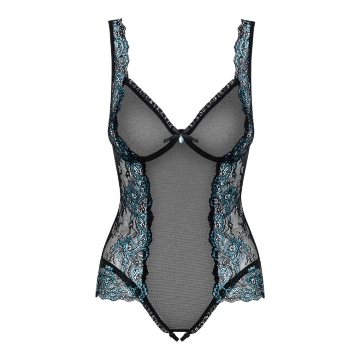 Body ouvert noir et turquoise Obsessive, vue a plat avant, bonnets armatures et dentelle turquoise - Oh My God'Z