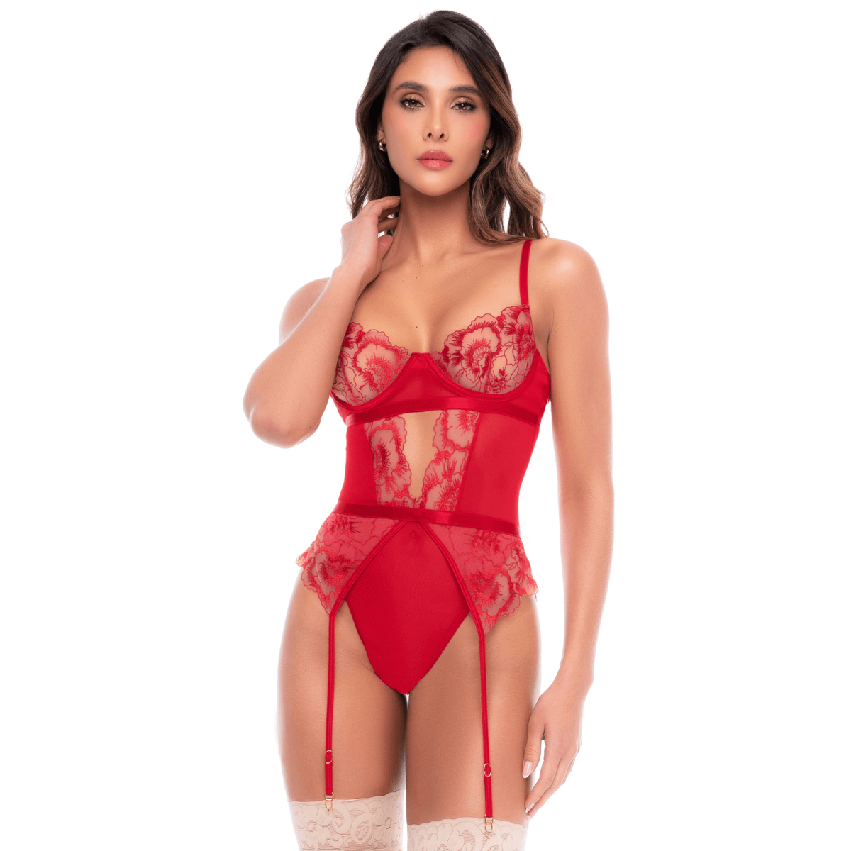 Body rouge rubis en dentelle brodee florale et resille transparente, bonnets a armatures et jarretelles - Oh My God'Z