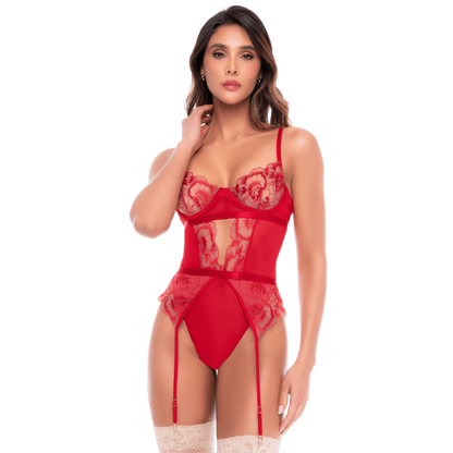 Body rouge rubis en dentelle brodee florale et resille transparente, bonnets a armatures et jarretelles - Oh My God'Z
