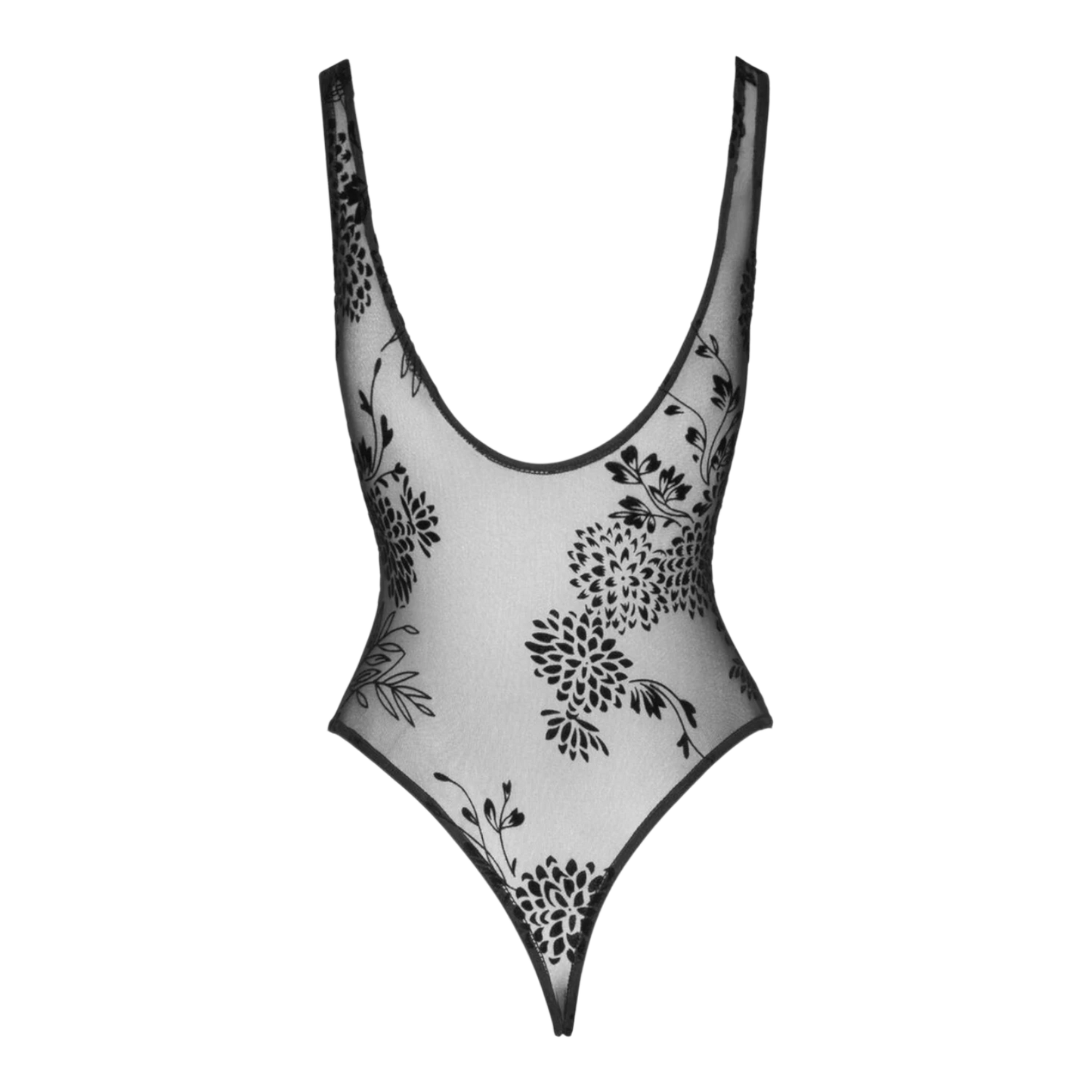 Body noir transparent en tulle a plat avec broderie florale en flocage sur fond blanc - Oh My God'Z