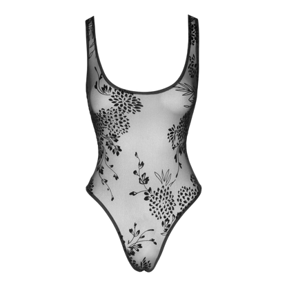 Body transparent noir en tulle a plat avec motifs floraux brodes et bordure noire - Oh My God'Z
