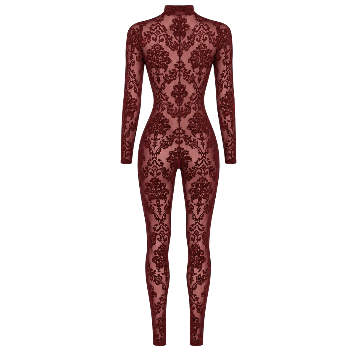 Dos de la combinaison bordeaux en tulle floque transparent a motifs damasses, coupe pres du corps - Oh My God'Z