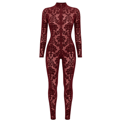 Combinaison bodystocking bordeaux en tulle floque transparent presentee a plat, zip trois curseurs - Oh My God'Z