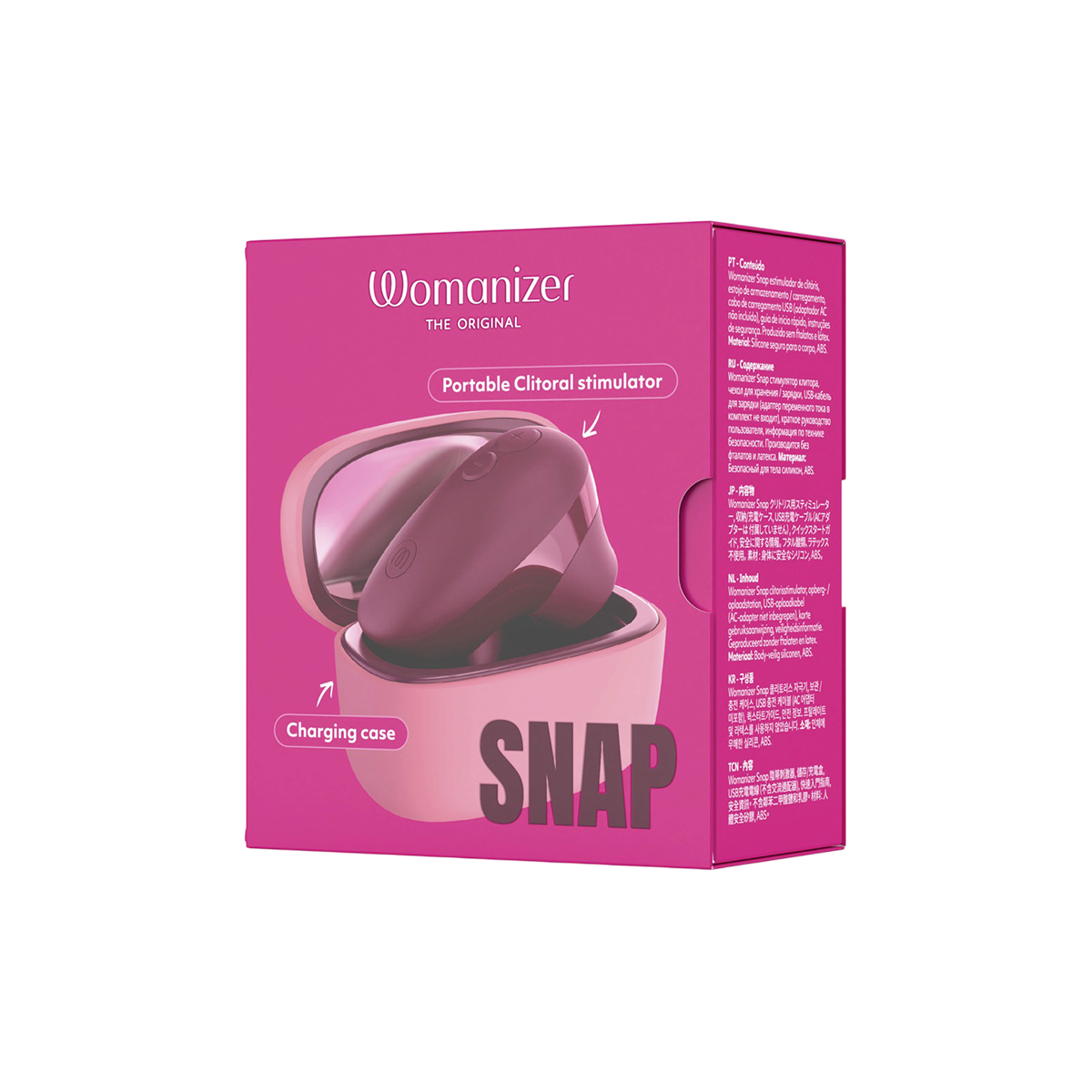 Boite rose du mini-stimulateur clitoridien Snap Womanizer avec visuel du produit et de l'etui de recharge - Oh My God'Z